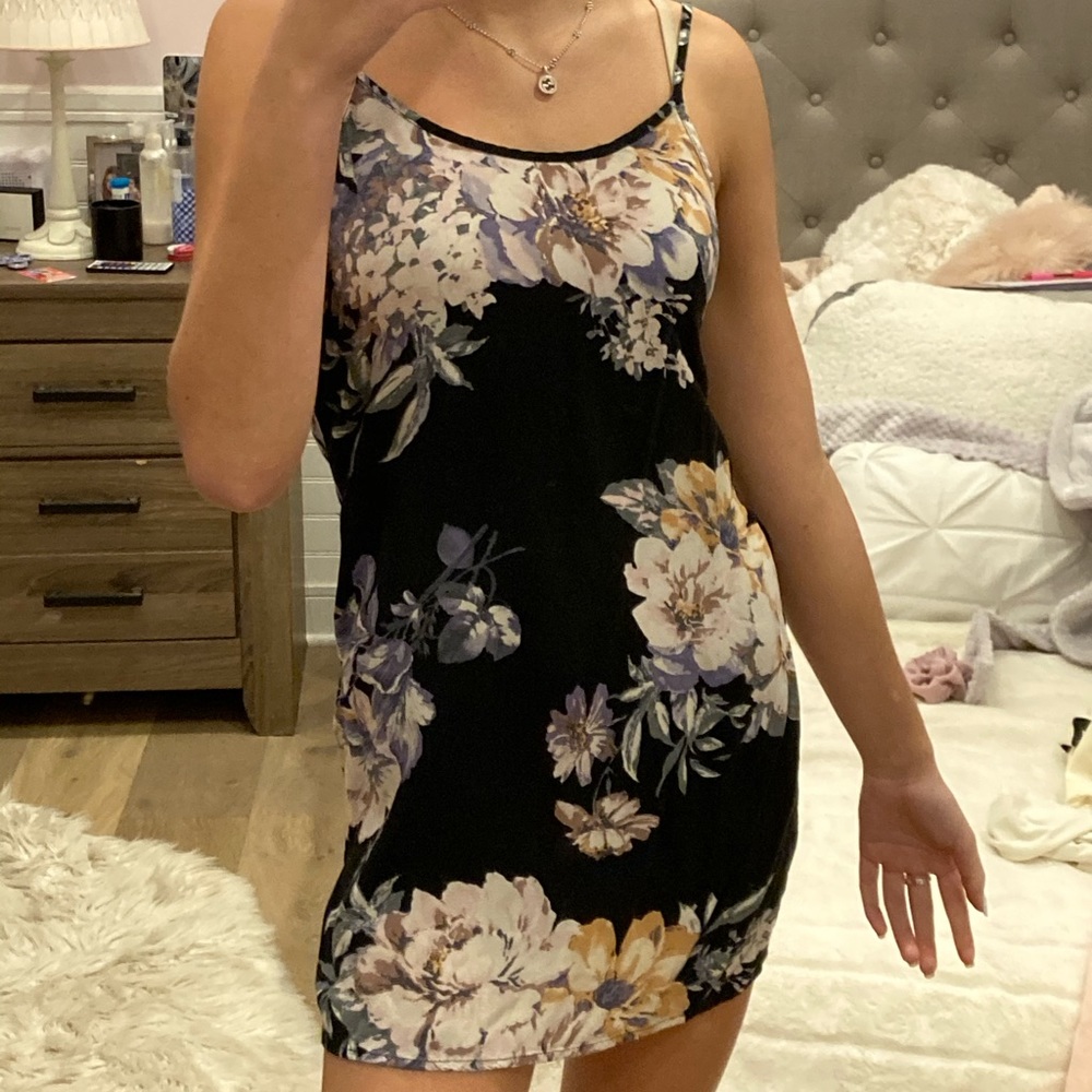 black and flowered socialite mini dress